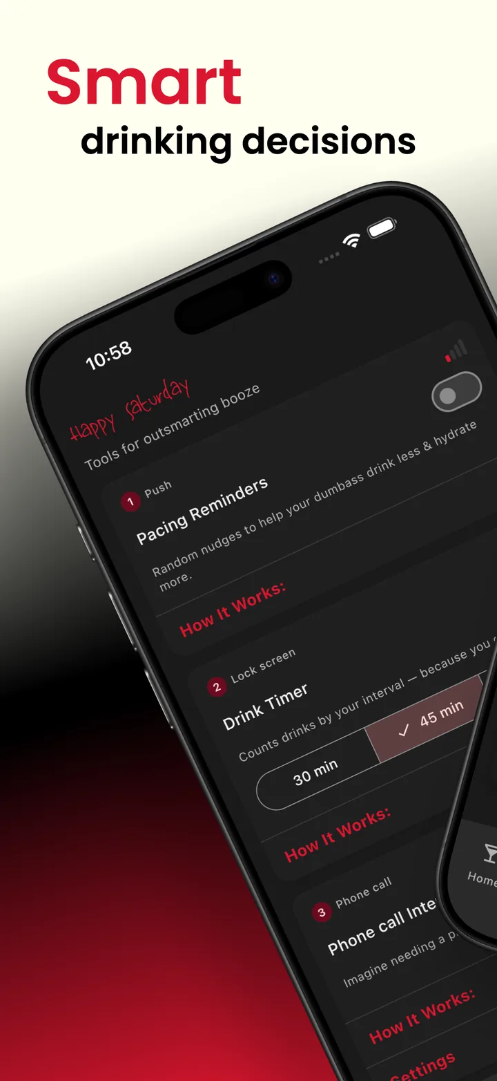 Smart drinking decisions: the home screen's pacing reminders and drink timer
